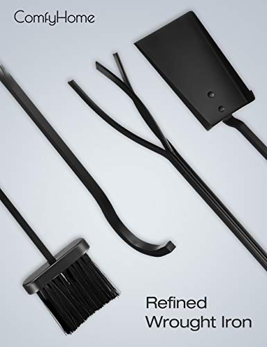 image for COMFYHOME 5 Pieces Fireplace Tool Set, Wrought Iron Fire Toolset w/Pok