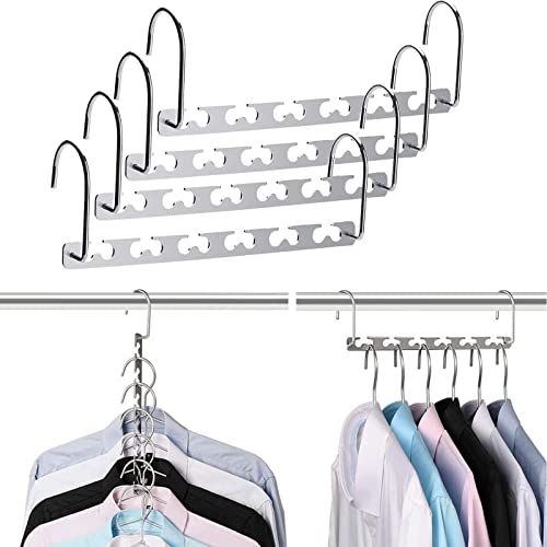 KKNE Space-Saving Hangers, Set of 4 Magic Metal Hangers, Closet Organizer and Storage, Smart Space-Saving Sturdy Metal Hangers with 12 Holes for Heavy Clothes, Upgraded Hook Design