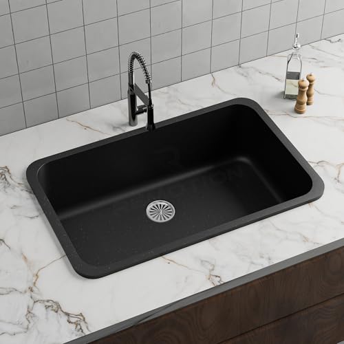 Image of REMOTION Granite Quartz Singke Bowl Kitchen SInk | Matte Finish Kitchen Sink With Drain Board and Drainer Basket | Modern Sink for Kitchen (31 x 19 x 9 Inch) (Black)
