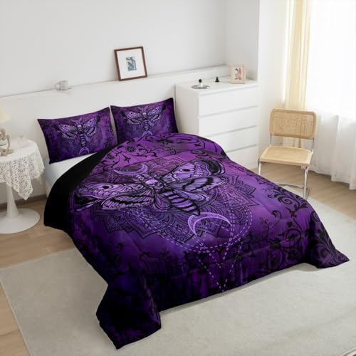 Image of Feelyou Boys Girls Purple Damask Duvet Insert Twin Size, Boho Death Moth Skull Comforter Set Gothic Decor Bedding Set Kids Teens Bedroom Decor 2Pcs