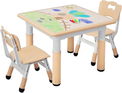 MAMIZO Mesa Infantil con 2 sillas, Grupo de Mesa Infantil en Altura Ajustable, Muebles de plástico para niños, Grupo de Asientos para niños y niñas a Partir de 2 años, (Amarillo, Mesa Cuadrada)