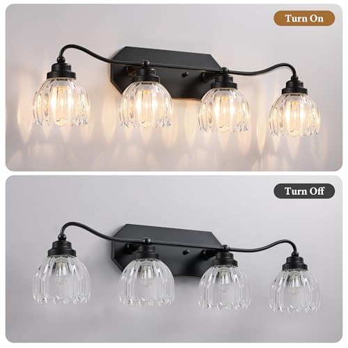 Image of Vintage Bathroom Light Fixtures, 4 Light Bathroom Vanity Light, Black Matte Antique Brass Finish with Crystal Glass Shade, Mid Century Wall Sconces for Bedroom, Living Room, Hallway