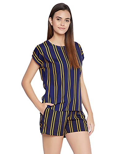 Image of Clovia Women's Crepe Sassy Stripe Top & Shorts Set - Navy Blue