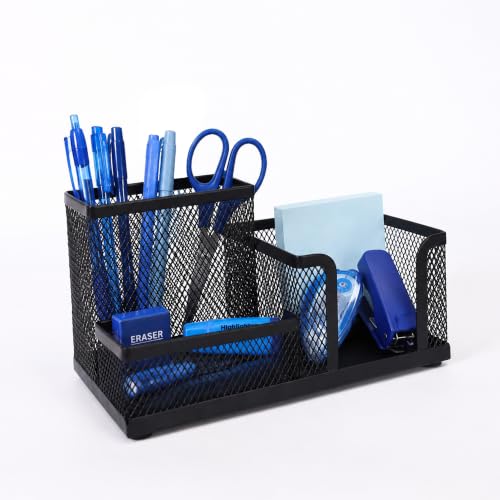 Image of Neomate Metal Mesh Desk Organizer Pen Stand with 3 Compartments - Keeps Pens, Scissors and Stationery Tidy for Office, Study Table and WFH Desk Setup (Black color)