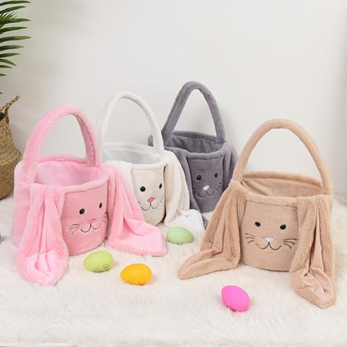 Image of Plush Easter Bunny Basket Bags for Kids, Rabbit Bucket Tote with Long Fluffy Ears, Cute Egg Hunts Party Storage Candy Gifts Carry Bucket Decorations (White + Pink)