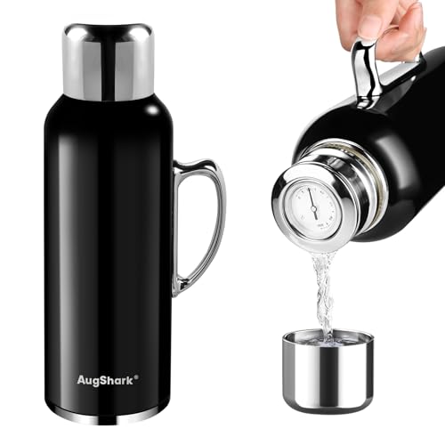 Image of 34 oz Black Insulated Water Bottle, Vacuum Stainless Steel Water Flask Jug with Handle & Metal Mechanical Temperature Measuring Cup Lid, Leakproof Travel Bottle Keep Cold 36h Hot 24h