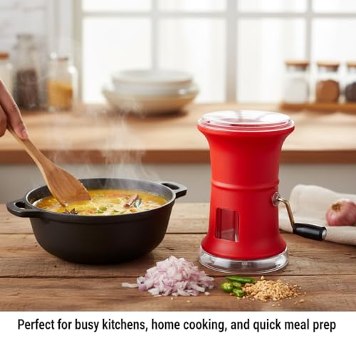 Image of Smart Chilly & Dry Fruit Cutter for Kitchen, Manual Oval Plastic Chopper with Stainless Steel Blades, Onion, Garlic, Vegetable, Mirchi & Peanut Cutting Machine (RED)