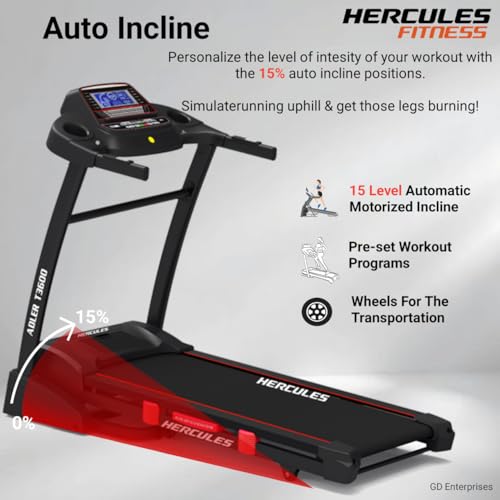 Image of Hercules Fitness T3600 3.5 HP Peak DC Motorized Foldable Treadmill | 15 Level Auto Incline | MP3 Player Available | Max Speed 16 Km /Hr | Max User Weight 120 Kg
