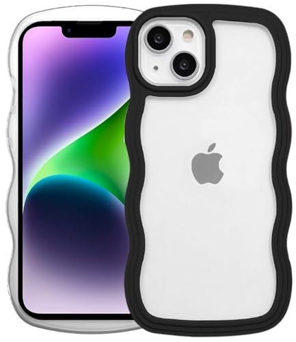Image of GoldKart iPhone 13 /14 Case Wavy Edge Clear Back Design, Anti-Slip Grip Cute Wave Curly Frame Shape Shockproof Soft TPU & Hard PC Bumper Protective Phone Case Cover for Women Girls - Black