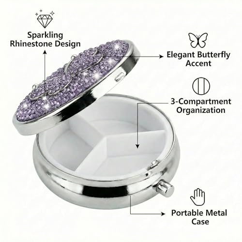 Image of Medicine Organizer Box Butterfly Pocket Pharmacy Bling Travel Pill Case Box for Purse Mini Pill Holder Organizer Small Pills Container for Vitamin(Purple)