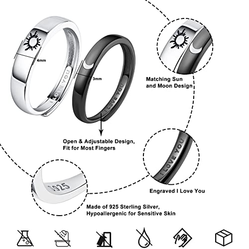 Image of Beydodo 925 Silver Rings Custom Adjustable Sun and Moon Matching Rings Engraved I Love You Couples Rings Wedding