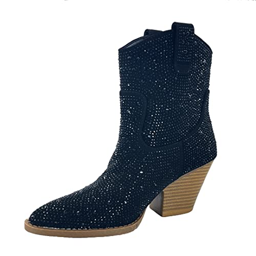 Image of ABSOLEX Women Western Cowgirl Cowboy Pointed Toe Rhinestone Ankle Booties