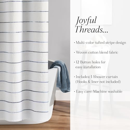 Image of Lush Decor Ombre Stripe Yarn Dyed Cotton Shower Curtain, 72 inch W x 72 inch L, Navy & Multi - Fabric Shower Curtains - Striped Bathroom Curtain - Farmhouse & Coastal Decor (Pack of 6)