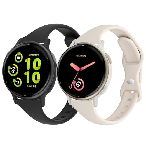 CUNUJIX Slim Silicone Watch Bands Compatible with Garmin Vivoactive 6/Vivoactive 5/3/3 Music, 20mm Thin Soft Narrow Sport Strap for Garmin Venu/Venu Sq/Forerunner 165/55/245 Music (2 Pack)