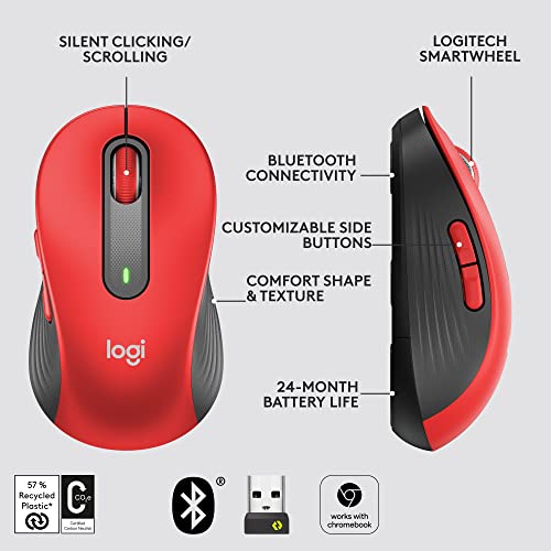 Logitech Signature M650 L Full Size Wireless Mouse - For Large Sized Hands, 2-Year Battery, Silent Clicks, Customizable Side Buttons, Bluetooth, For Pc/Mac/Multi-Device/Chromebook - Classic Red #TOP7