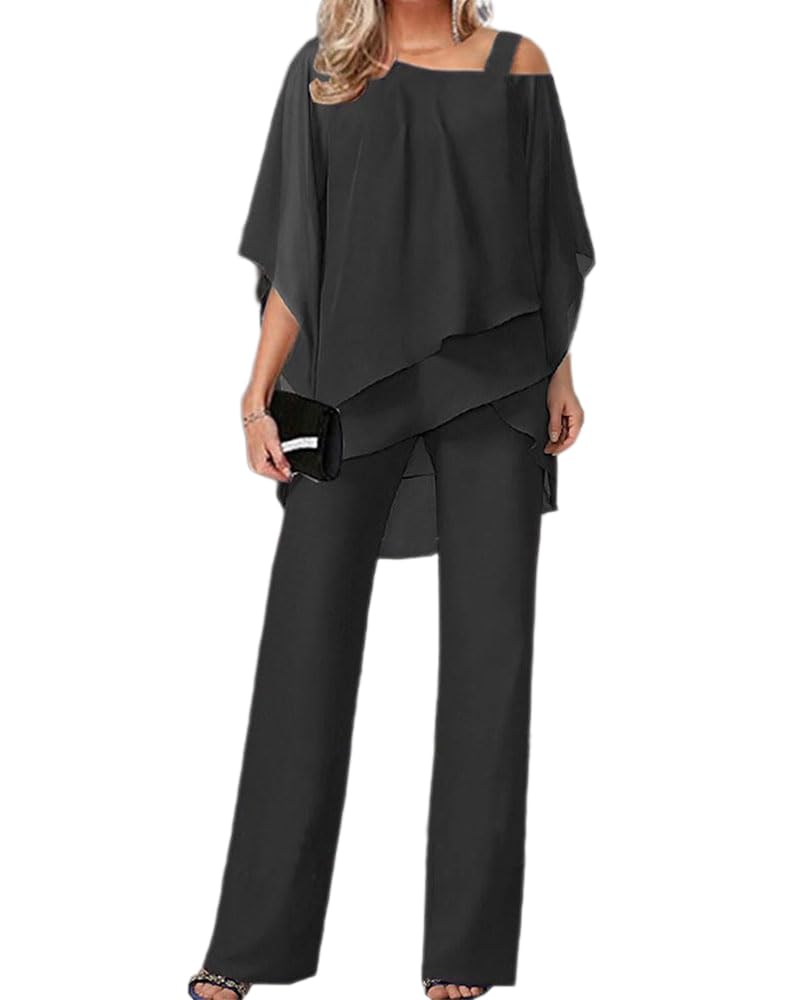 Hosenanzug Damen Elegantes Chiffon Zweiteiliges Set Shirt und Hosenanzug Cocktail Party Batwing Ärmel Festliche Abendzüge