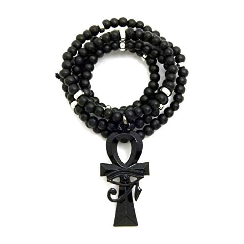 BA UNIQUE FASHION Eye of Horus Ankh Key of Life Pendant Necklace, 6mm Beads 30 Inches, Wooden and CCB Beads (Jet Black/Silver + Black Wooden) Cover