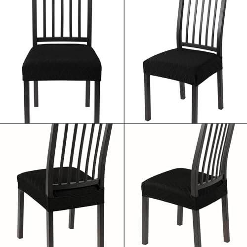 Image of SearchI Stretch Dining Chair Seat Covers Set of 6, Soft Removable Washable Seat Covers for Dining Chairs, Dining Room Seat Cover Protector (Rear-Covered, Check Jacquard Black)