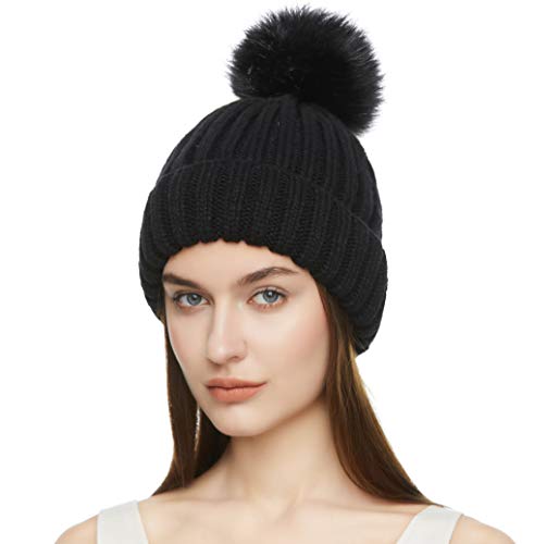 JULY SHEEP Crochet Knit Fur Winter Hat for Women Faux Large Fur Pompom Beanie Hats Winter Ski Cap (One Size, Black 02)