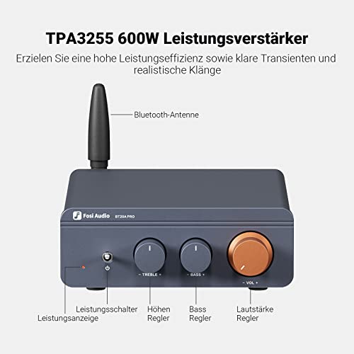Fosi Audio BT20A Pro Hifi Verstärker, 300Wx2 Mini Verstärker mit Bluetooth 5.0 & TPA3255 Amp Chip, Austauschbare Op-Amps, Class D Verstärker Stereo 2.0 Kanal, Bass- und Höhenanpassung, Endstufe Hifi