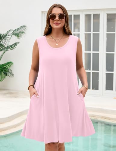 Image of JollieLovin Women Plus Size Curvy Summer Tank Sun Dresses Sleeveless Causal T-Shirt Dress Beach Swing Cover up(L-5X)