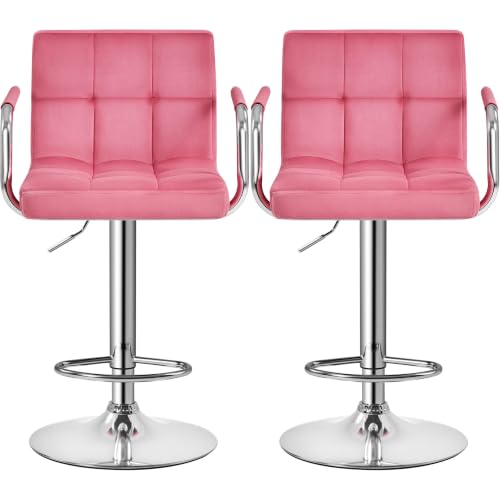 Butacos giratorios ajustables Topeakmart, set de 2, tapizados en tela no tejida y espuma, color rosa, con reposabrazos, rotación 360°, base de 16 pulgadas, capacidad de 330 lb, para cocina o bar miniatura 1