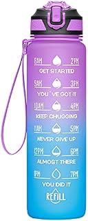 MEITAGIE Water Bottles with Straw and Buckle Handle, 1 Litre BPA Free Water Bottle with Time Markings Leak-proof Perfect for Fitness Gym Camping Outdoor Sports