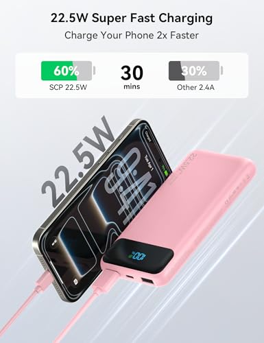 Portable Charger, 10000mAh 22.5W Fast Charging Power Bank with 4 Built-in Cables, Travel Essentials Battery Pack with LED Display, 6 Outputs Charging Bank Compatible with iPhone, iPad, Samsung Pink - Image 4