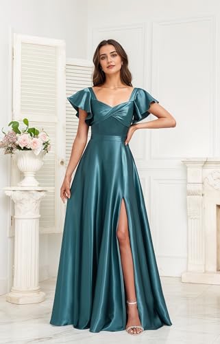 Short Sleeve Bridesmaid Dresses Satin V Neck Prom Dresses with Pockets A Line Ruffles Wedding Guest Dress with Slit UU1682
