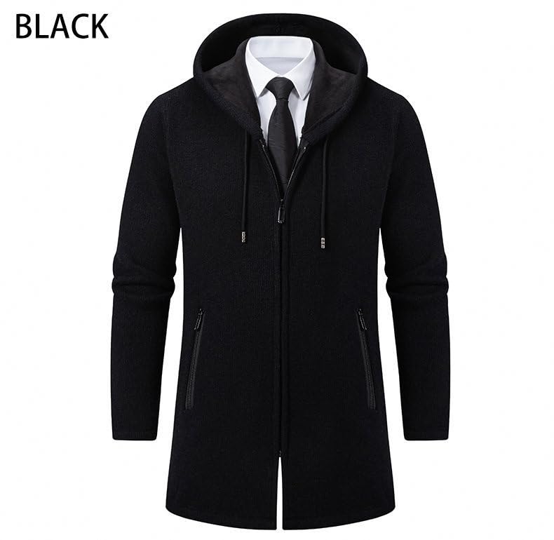 Image of Men's Long Hooded Cardigan Full Zip Winter Coat Thick Fleece Lined with Zipper Pockets