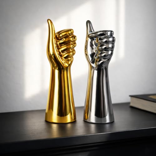 Image of Xtore Striking Contemporary Hand Gesture Sculpture for Home & Office Decor | Glossy Metallic Thumbs-Up Showpiece for Living Room, Desk, Shelf & Entryway Styling (Gold & Silver, 25.5 cm)