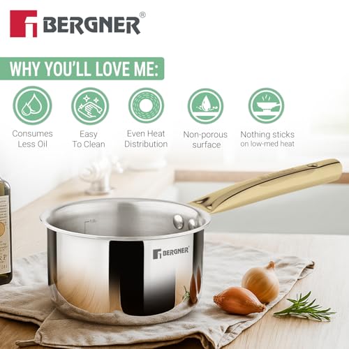 Image of Bergner TriPro Triply Stainless Steel Induction Bottom 7 Pcs Cookware Set with PVD Coated Golden Handles, Kadai 22cm /2L with Glass Lid, Frypan 22cm, Saucepan 14cm /1.2L, Turner, Ladle, Serving Spoon