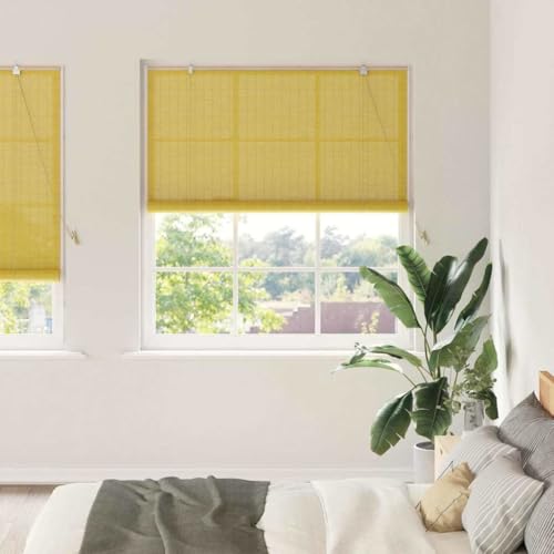 Estor enrollable con cortinas de bambú amarillo, 150 x 220 cm, para ventanas interiores, protección visual con cordón, estor para ventanas sin taladrar, persianas y estor plisado, alternativa para