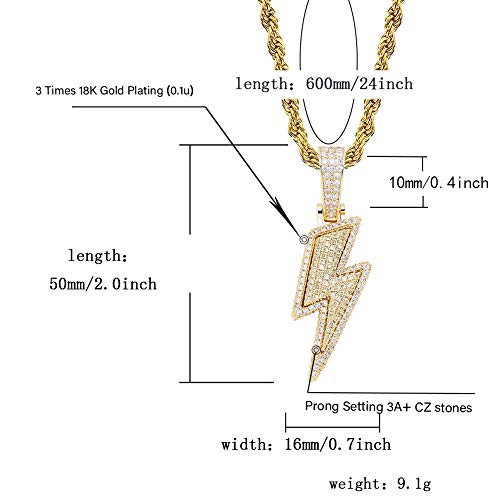 JINAO Hip Hop Lightning Bolt Design Pendant 18k Gold Plated Iced Out Cubic Zirconia Pendant Necklace with Micropave Simulated Diamond for Men Women2