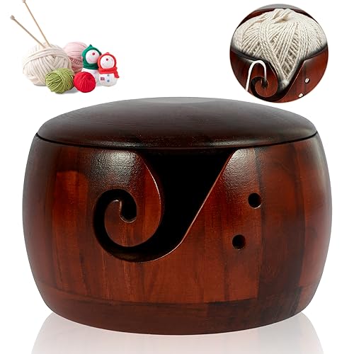 Image of Wooden Yarn Bowl with Lid, 6in Round Knitting Yarn Holder Bowl with Carved Holes,Crochet Bowl for Yarn,Pine Wood Weaving Thread Bowl, Yarn Storage Bowl for Crocheting Accessories (Dark color with