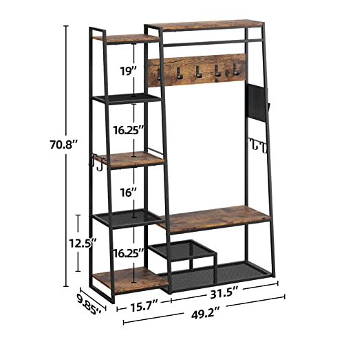 Amyove 71In Industrial 5-In-1 Large Hall Tree With Storage Bench, Coat Rack, 5-Tier Shelves, Fabric Storage Side Bag, Side Hooks, Wood Look Accent Furniture-Sturdy Metal Frame Organizer #TOP5