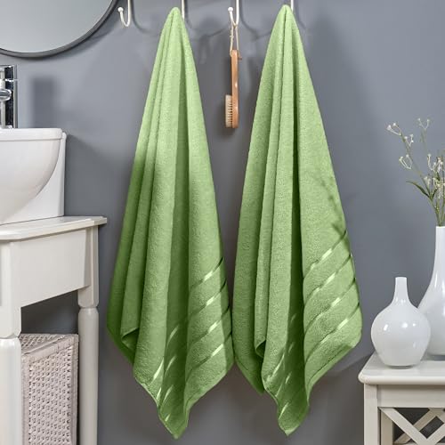 Image of Elegant Comfort 100% Turkish Cotton 4 Lines Viscose Stripe Luxury 2 Pack Bath Towel Set 27 x 54 Inch - Super Soft and Highly Absorbent Premium Hotel Spa Quality Towels for Bathroom Use, Sage