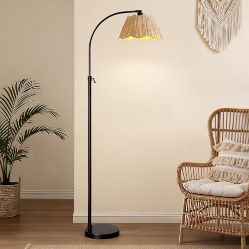 Image of 64'' Adjustable Arc Floor Lamp with Woven Pleated Shade, Black