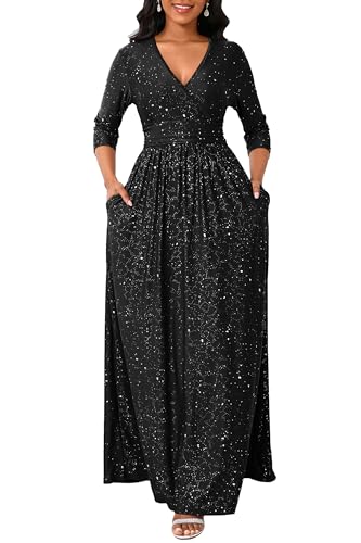 VERWIN Damen Glitzer V-Ausschnitt Kleid 3/4 Ärmel A-Linie Kleid Gesmokte Taille Maxikleid Flowy Lang Cocktailkleid mit Taschen, Schwarz , L