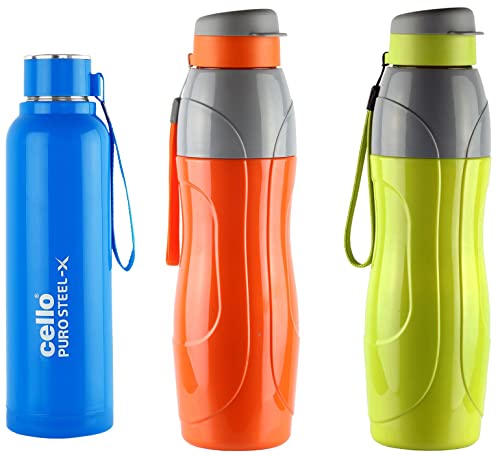 Cello Puro Steel-X Benz Water Bottle with Inner Steel and Outer Plastic, 900 ml, 1 Piece, Blue Puro Plastic Sports Water Bottle, 900 ml, Set of 2(Assorted)