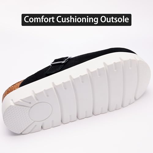 Image of Women's Suede Platform Clogs Leather Mules Slip On Indoor Outdoor Shoes | Arch Support, Cork Footbed, Adjustable Buckle,Water Resistant Upper,All Day Comfort