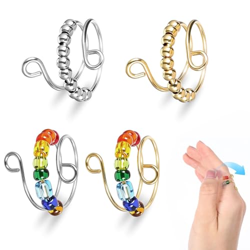 4 Pcs Fidget Ring, Fidget Toys, Anxiety Ring Toy for Adult, Open Adjustable Anti-Stress Mood Spinning Ring with Colourful Bead for Daily Life Party Dating Stress Relief Toys Adults Kids Gifts