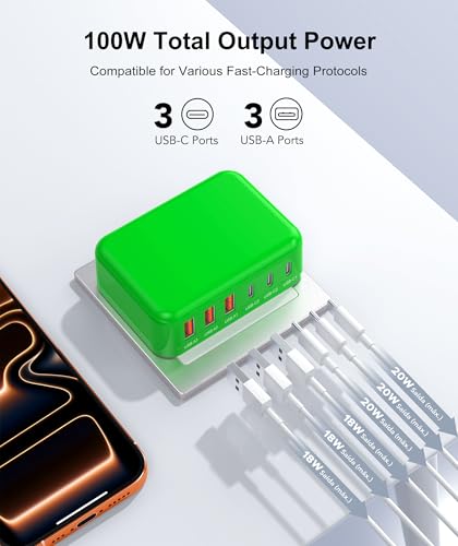 Image of Fast Charger Block, GaN 6 Port USB C Charging Station Hub Cube, 100W Multiport Type C Wall Charger Power Strip Plug with PD 3.0+QC for iPhone 16 Pro Max 15 14 13 12 11 XR XS 8 7, Samsung, iPad, Table
