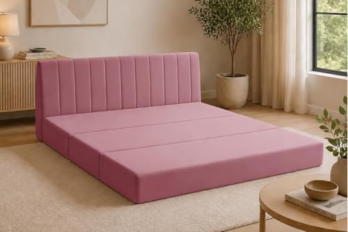 Image of Modern Velvet 3-Seater Sofa Cum Bed, Convertible Sleeper Couch Sofa for Living Room, Bedroom & Office - Rose Pink Color
