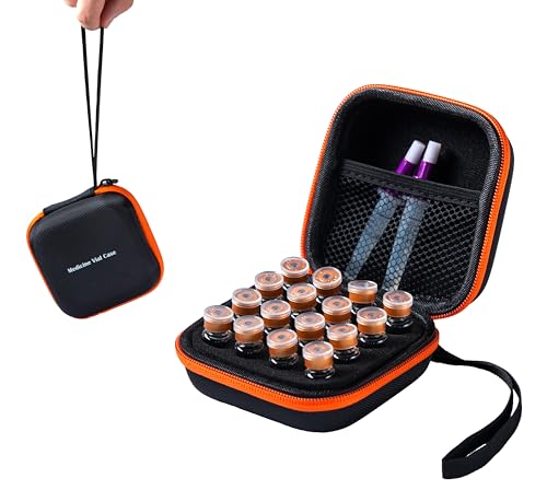 Moyite 16 Slots Small Peptide Case for Fridge Fits 1ml to 3ml Vials Storage for Peptide Insulin GLP-1 Etc with Hand Strap and Logo Black and Orange Zipper Pack of 1 Case Only