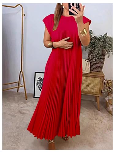 Image of GORGLITTER Women's Pleated Flowy Chiffon Church Dresses Elegant Summer Short Sleeve Wedding Guest Maxi Dress Outfits