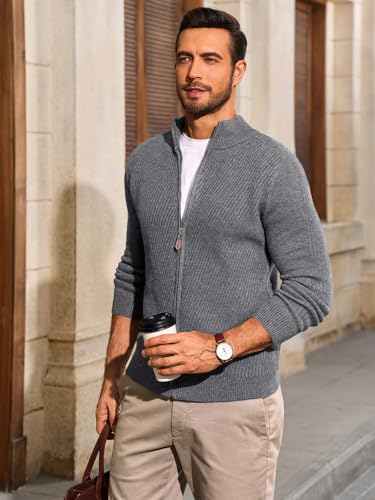 Runcati Mens Full Zip Cardigan Sweater Casual Slim Fit Knit Sweaters Stand Collar Fall Winter Ribbed Cardigan2
