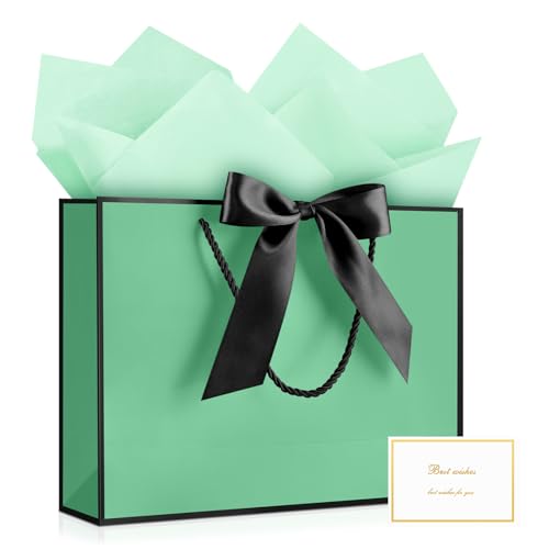 Image of JMANNI Gift Bags with Handles, 13 inch Medium Gift Bag for Presents, 1 Pcs Bags with 2 Tissue Paper and 1 Cards for Baby Shower Wedding Bridal Shower Mother's Day Birthday Party (Cyan-Black