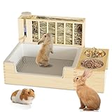 Chloraeon 4-in-1 Waterproof Wooden Rabbit Litter Box with Hay Feeder, 2 Food Bowls, and Water Bottle | Large Capacity, Waste-Preventing Design for Rabbits, Guinea Pigs, Chinchillas, and Small Animals