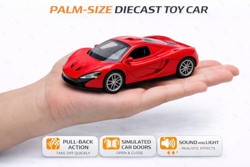 Image of 1:36 Scale McLaren 720S Toy Car - Die-Cast Metal Pull Back Vehicle with Openable Doors, Lights & Music - Sports Model for Kids, Boys & Collectors (Red)